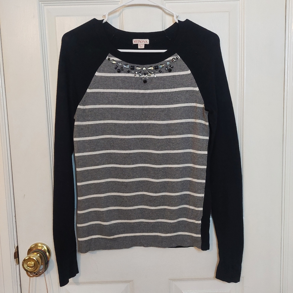 Merona Black Grey White Striped Raglan Sleeve Beaded Crewneck Sweater Size XS